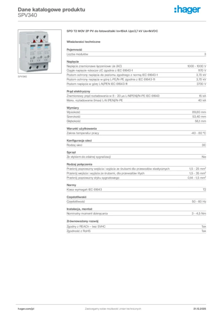 Zdjęcie Hager Dane katalogowe produktu SPV340 | Hager Polska