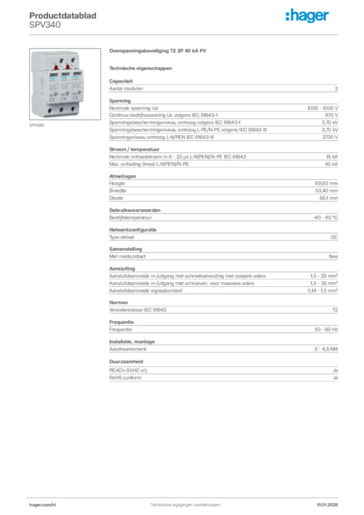 Afbeelding Hager Productdatablad SPV340 | Hager Nederland