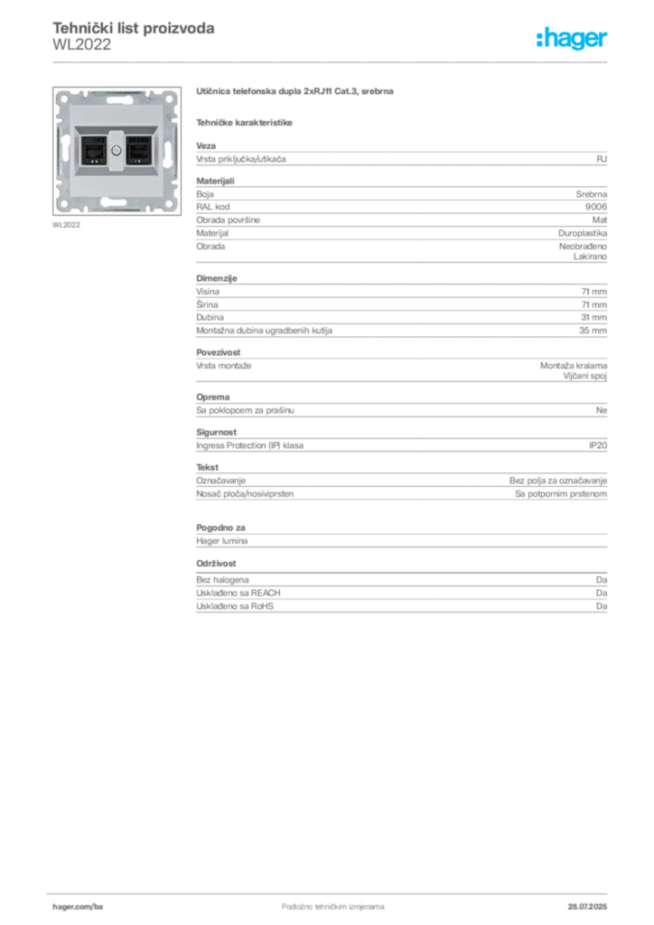 Slika Hager Product data sheet WL2022  | Hager