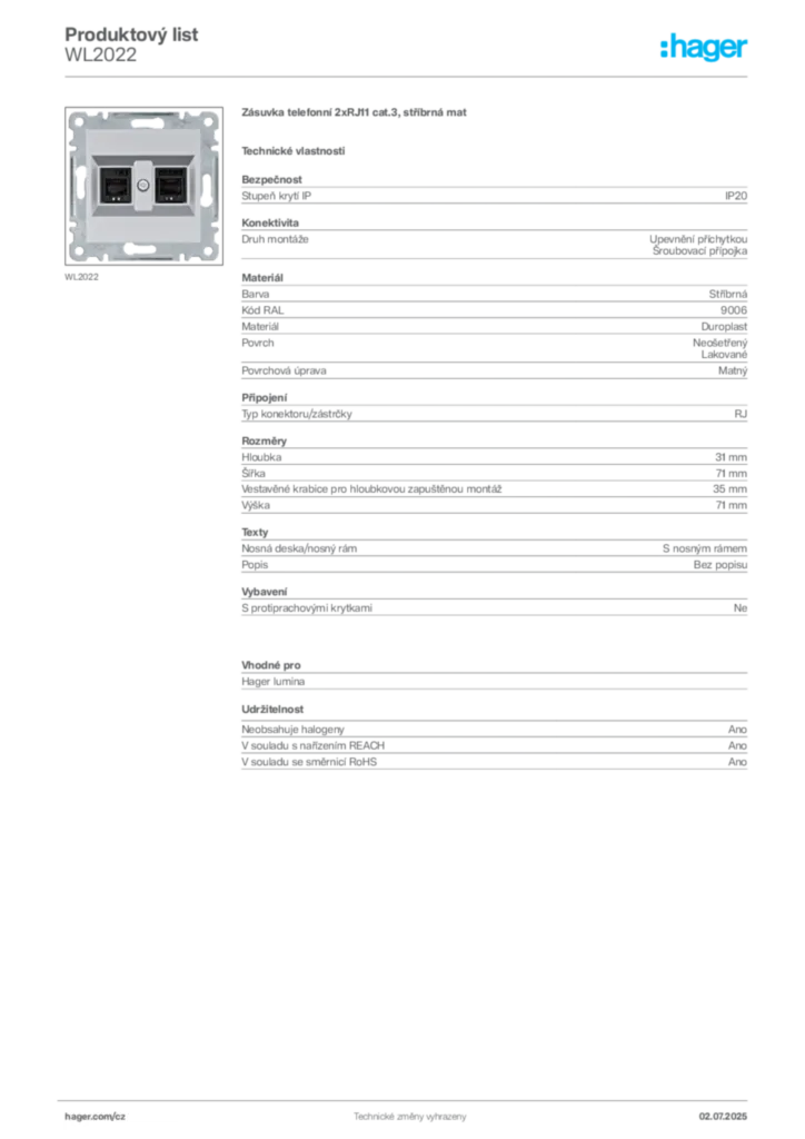 Obrázek Hager Produktový list WL2022 | Hager