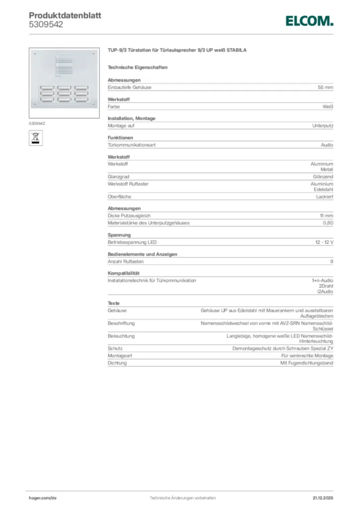 Bild Elcom Produktdatenblatt 5309542 | Hager Deutschland