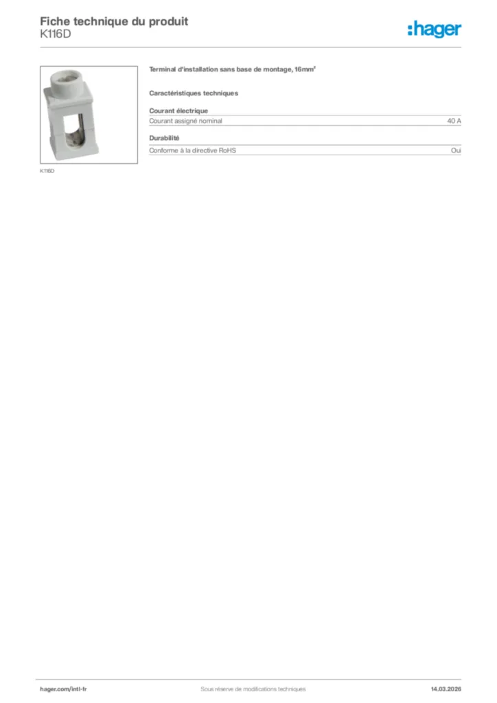 Image Hager Fiche technique du produit K116D | Hager Afrique