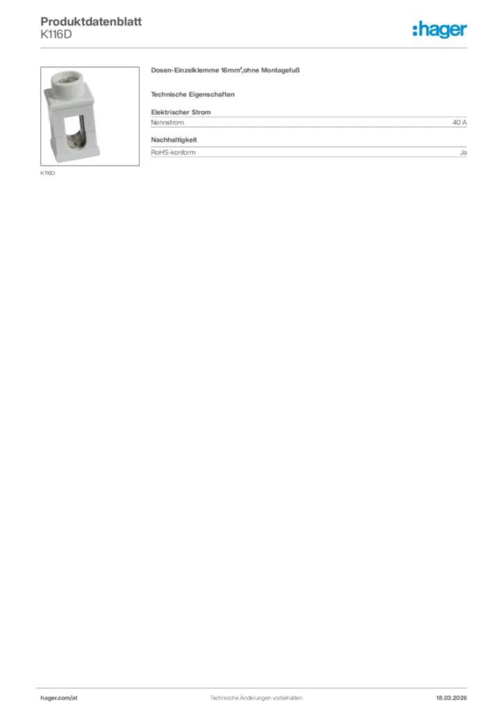 Bild Hager Produktdatenblatt K116D | Hager Deutschland