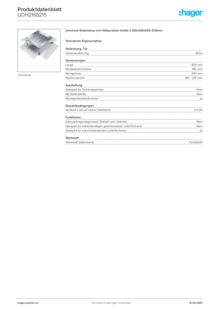 Bild Hager Produktdatenblatt UDH2165215 | Hager Schweiz