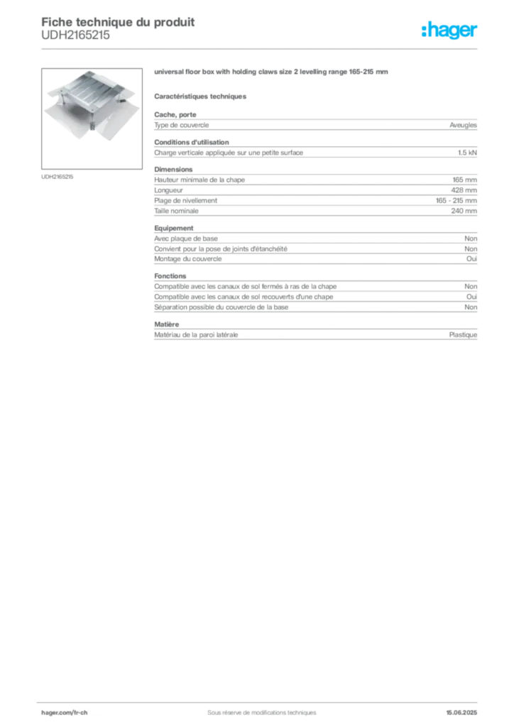 Image Hager Fiche technique du produit UDH2165215 | Hager Suisse