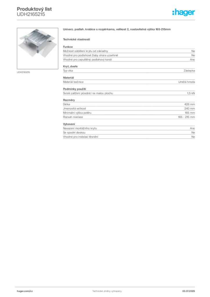 Obrázek Hager Produktový list UDH2165215 | Hager