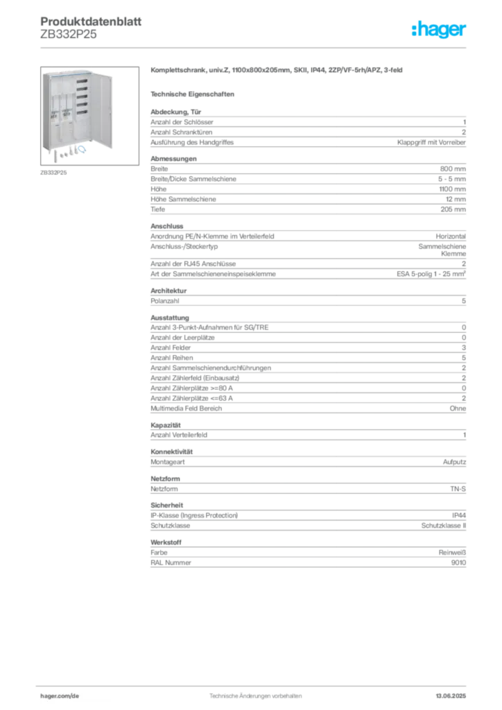 Bild Hager Produktdatenblatt ZB332P25 | Hager Deutschland