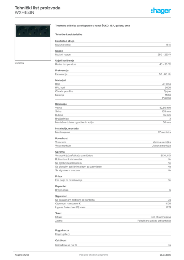 Slika Hager Product data sheet WXF453N  | Hager