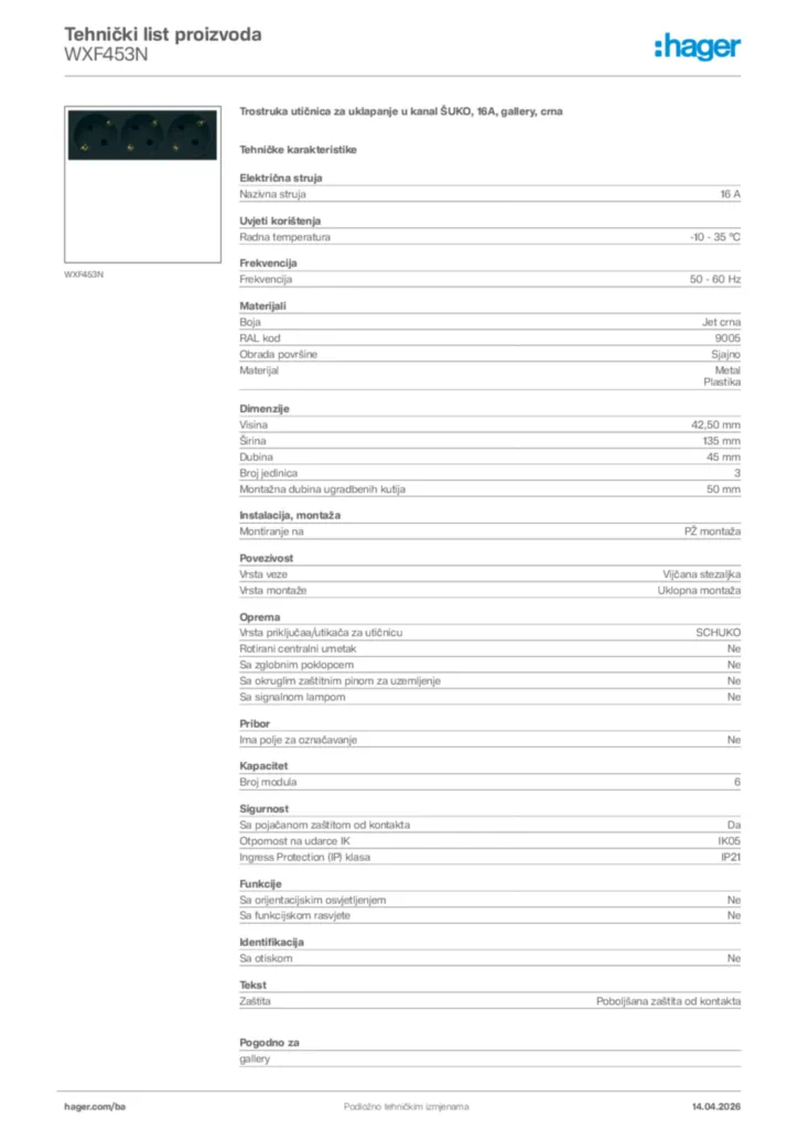 Slika Hager Tehnički list proizvoda WXF453N  | Hager