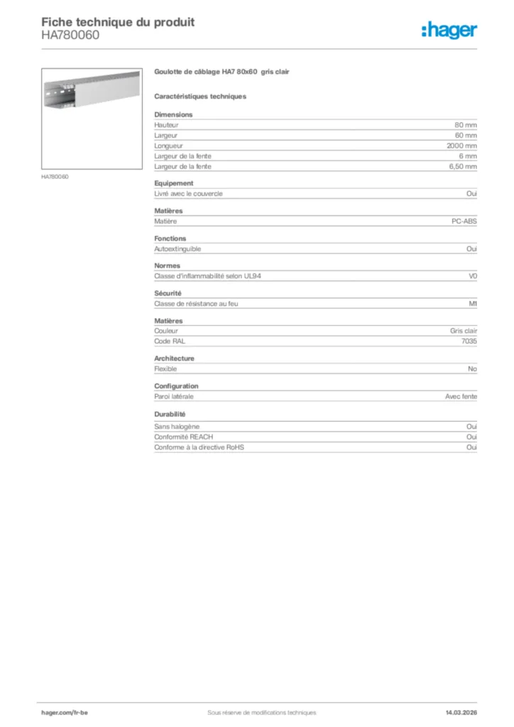 Image Hager Fiche technique du produit HA780060 | Hager Belgique