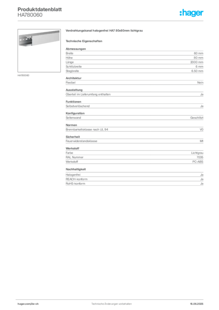 Bild Hager Produktdatenblatt HA780060 | Hager Schweiz