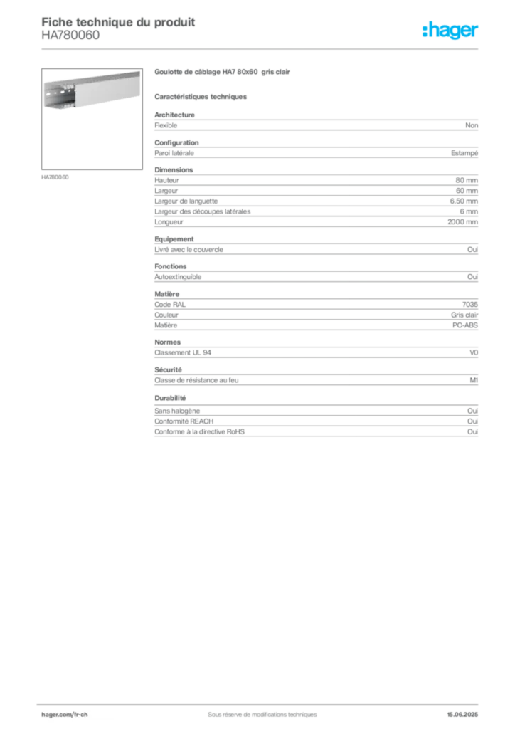 Image Hager Fiche technique du produit HA780060 | Hager Suisse