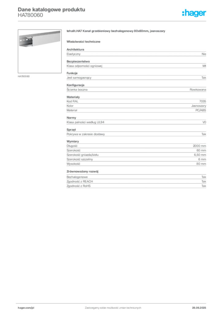 Zdjęcie Hager Dane katalogowe produktu HA780060 | Hager Polska