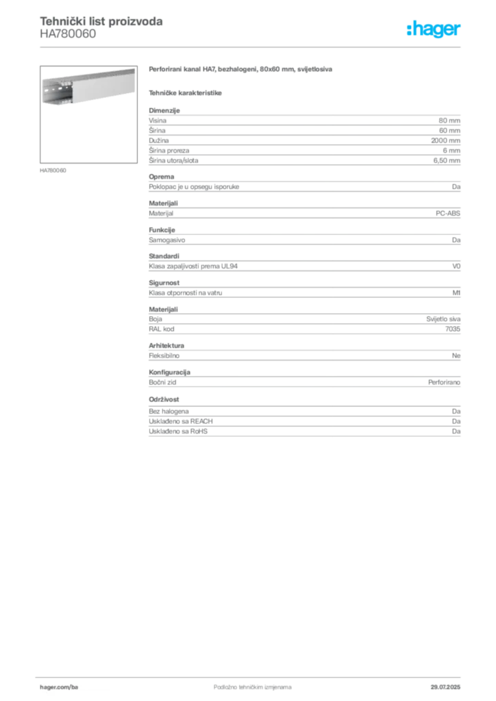 Slika Hager Product data sheet HA780060  | Hager