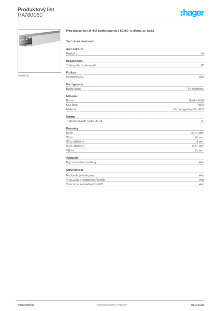 Obrázek Hager Produktový list HA780060 | Hager