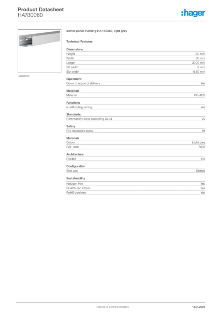 Image Hager Product data sheet HA780060  | Hager