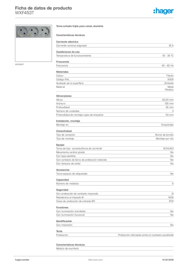 Imagen Hager Ficha de datos de producto WXF453T | Hager España