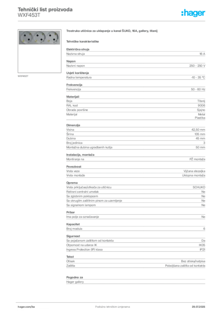 Slika Hager Product data sheet WXF453T  | Hager
