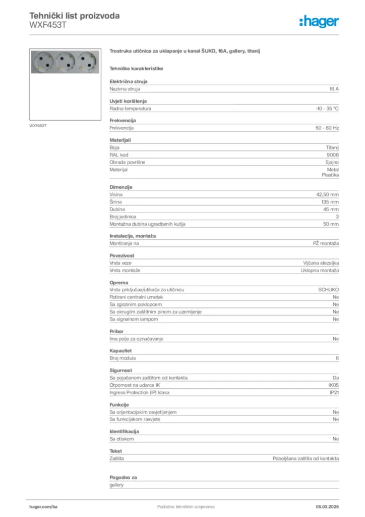 Slika Hager Tehnički list proizvoda WXF453T  | Hager