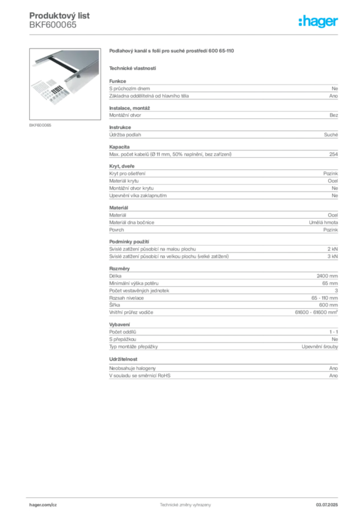 Obrázek Hager Produktový list BKF600065 | Hager