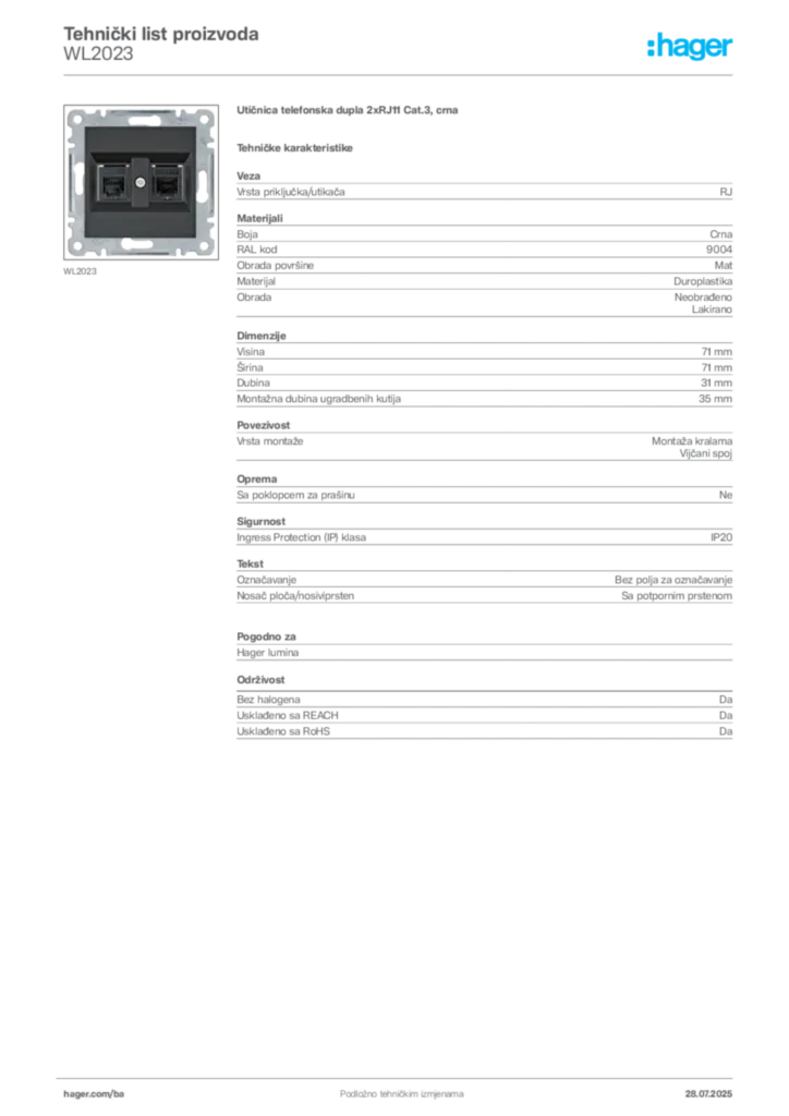 Slika Hager Product data sheet WL2023  | Hager