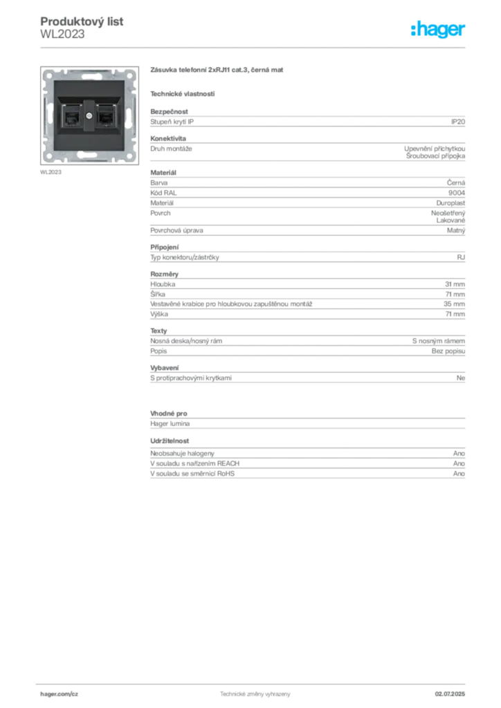 Obrázek Hager Produktový list WL2023 | Hager