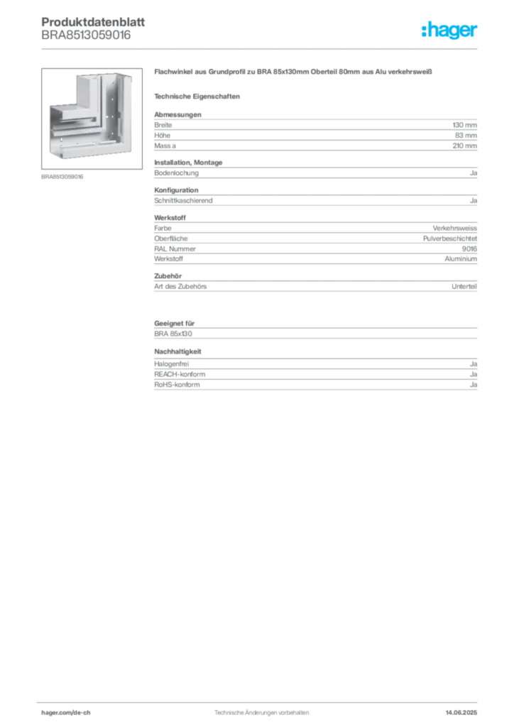 Bild Hager Produktdatenblatt BRA8513059016 | Hager Schweiz