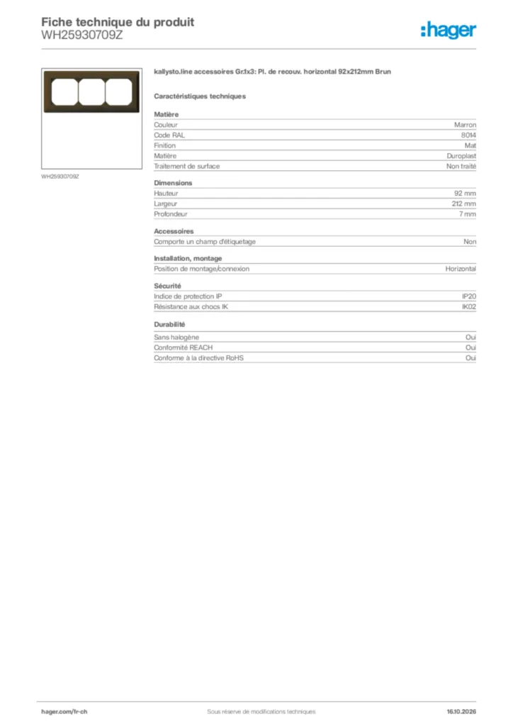Image Hager Fiche technique du produit WH25930709Z | Hager Suisse
