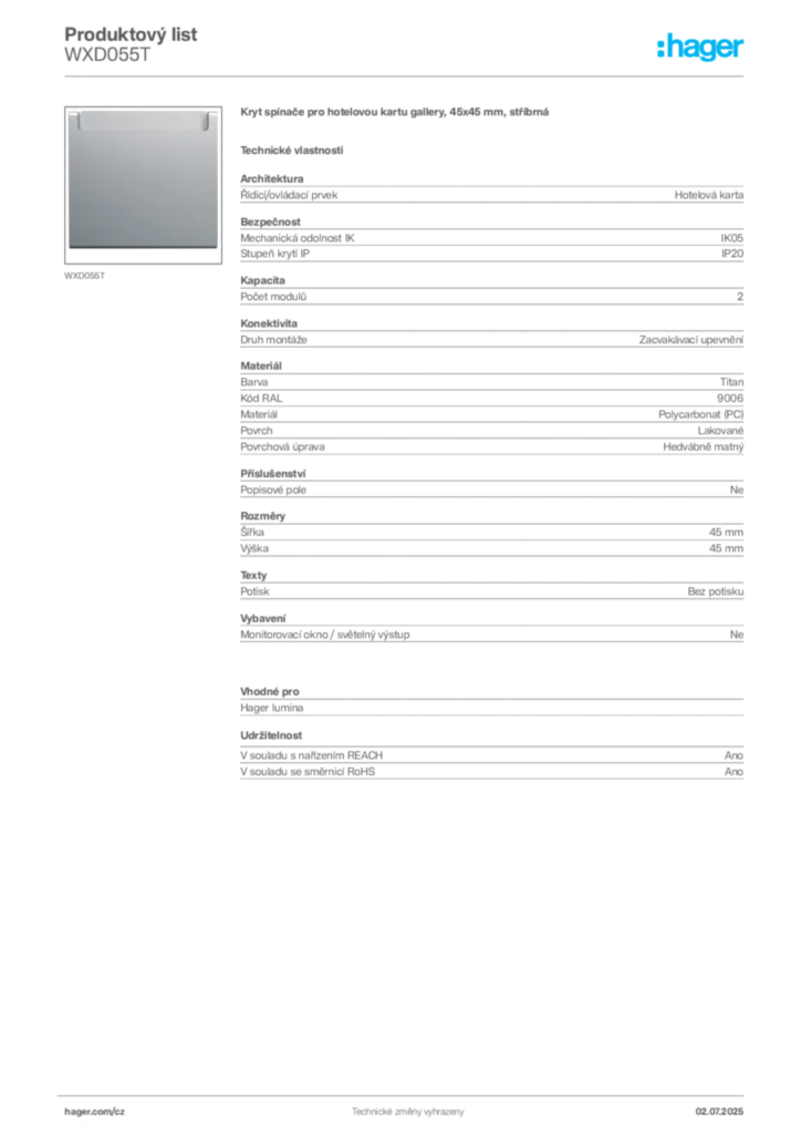 Obrázek Hager Produktový list WXD055T | Hager