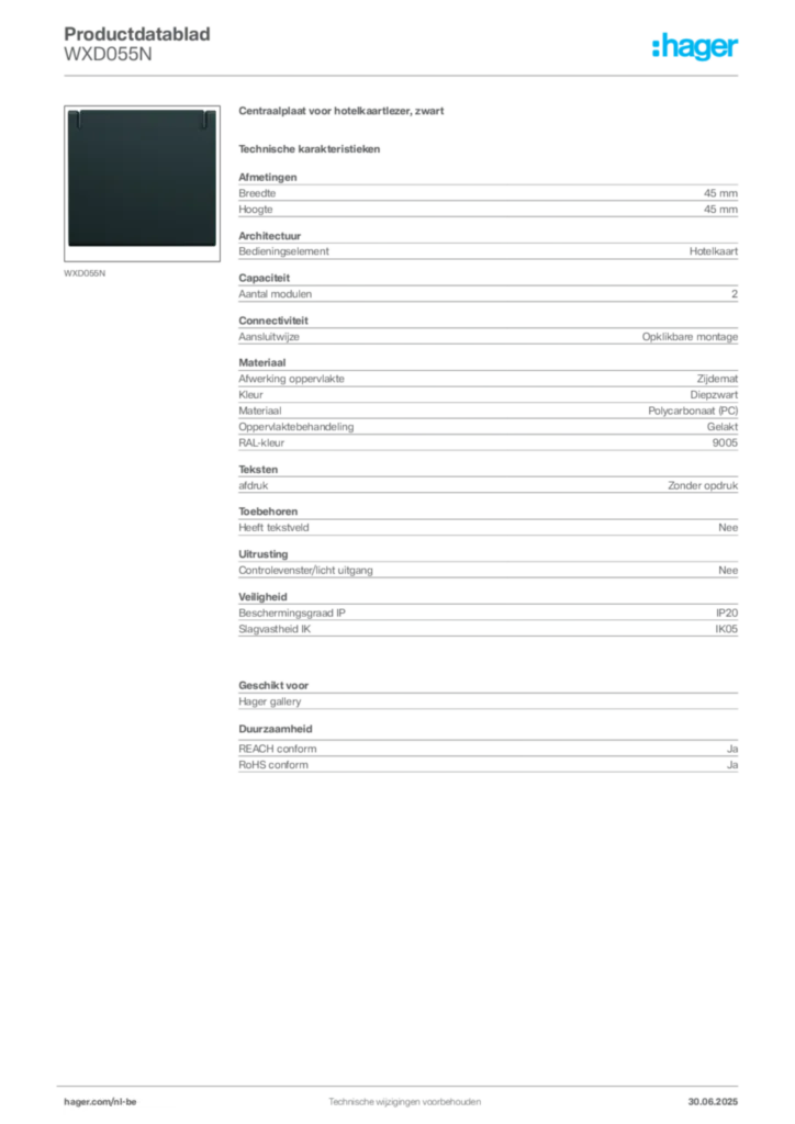 Afbeelding Hager Productdatablad WXD055N | Hager Belgium
