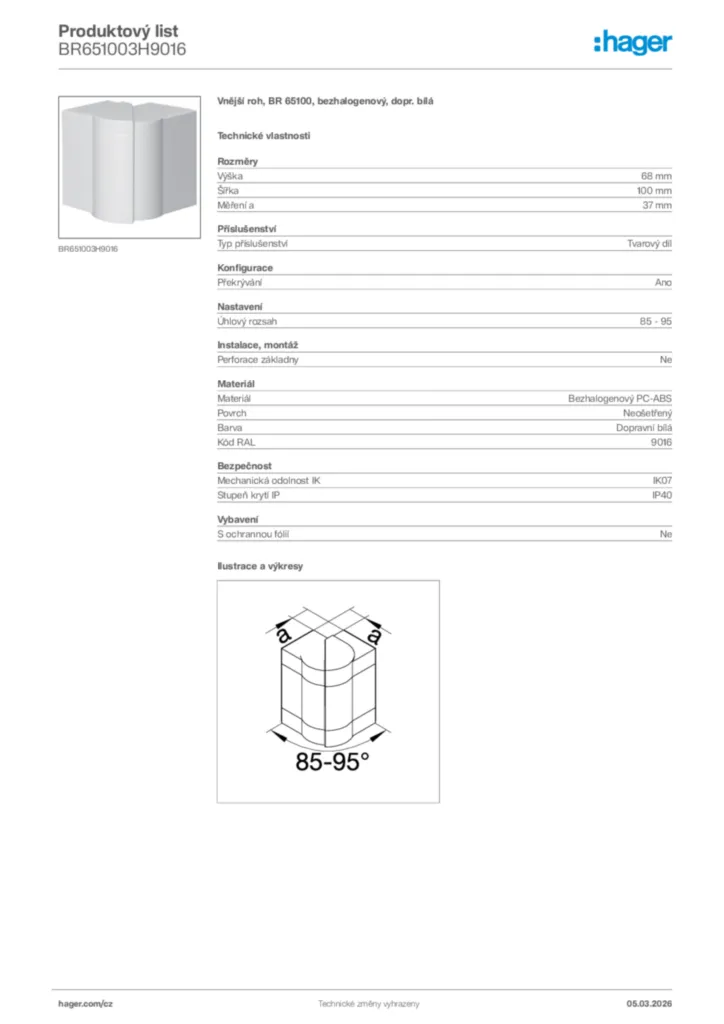 Obrázek Hager Product data sheet BR651003H9016 | Hager