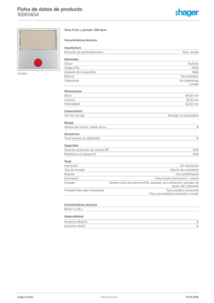 Imagen Hager Ficha de datos de producto 16961404 | Hager España