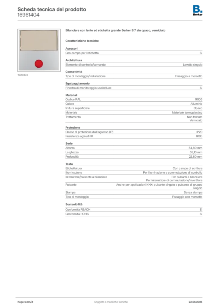 Immagine Berker Scheda tecnica del prodotto 16961404 | Hager Italia