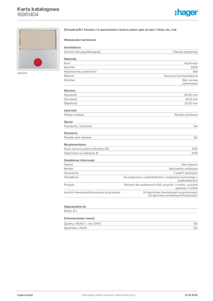 Zdjęcie Hager Karta katalogowa 16961404 | Hager Polska