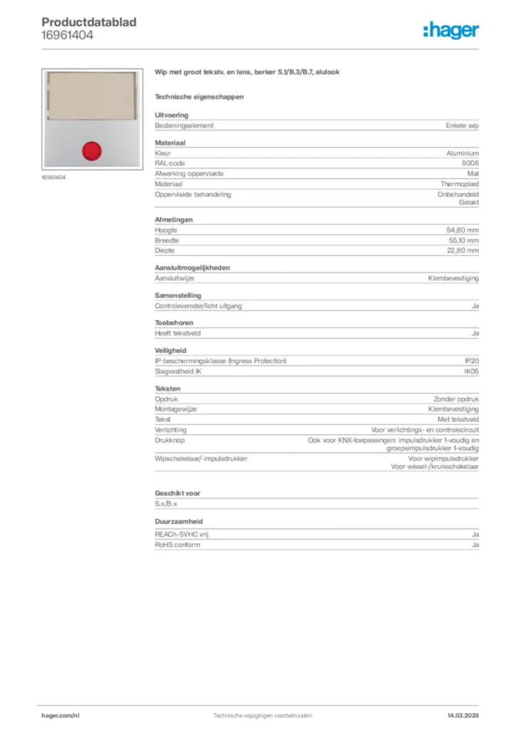 Afbeelding Hager Productdatablad 16961404 | Hager Nederland