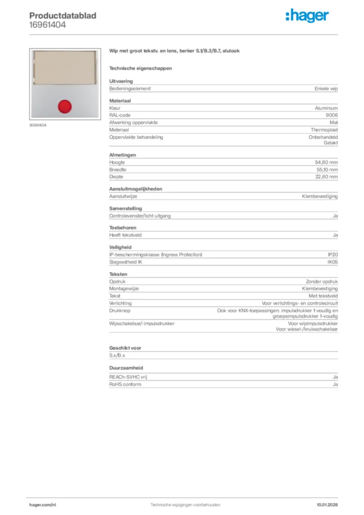 Afbeelding Hager Productdatablad 16961404 | Hager Nederland