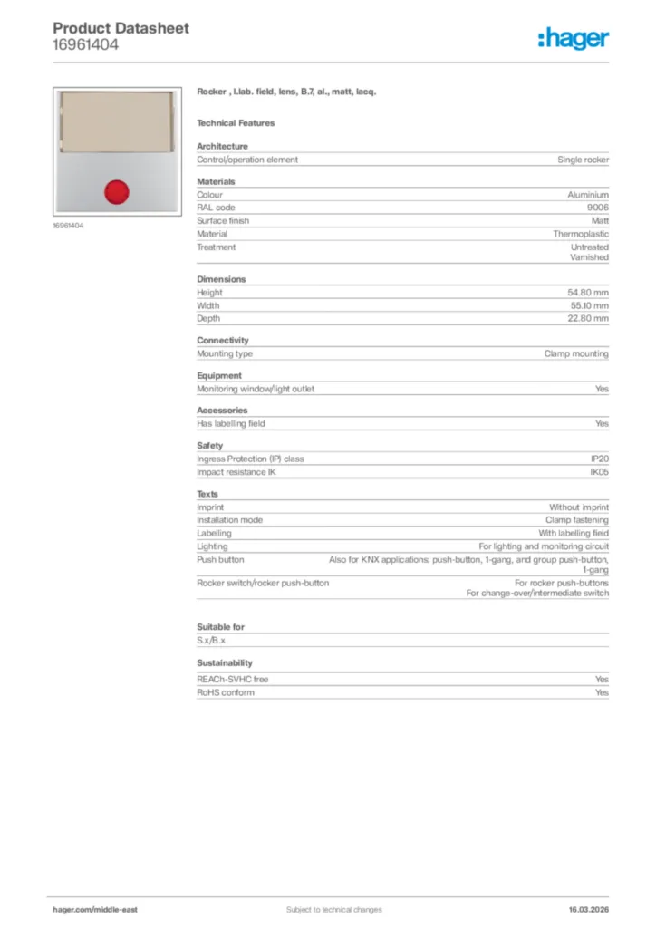 Image Hager Product data sheet 16961404  | Hager