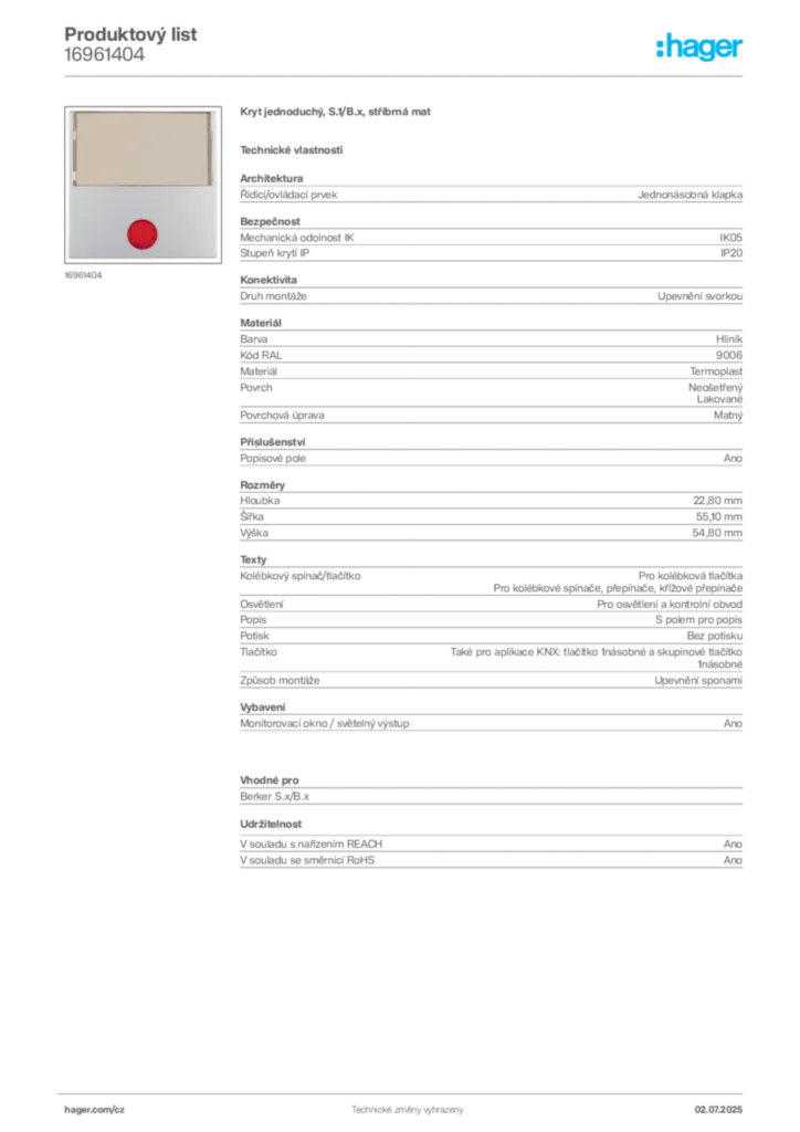 Obrázek Hager Produktový list 16961404 | Hager