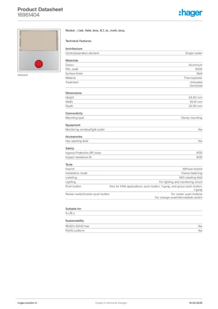 Image Hager Product data sheet 16961404  | Hager