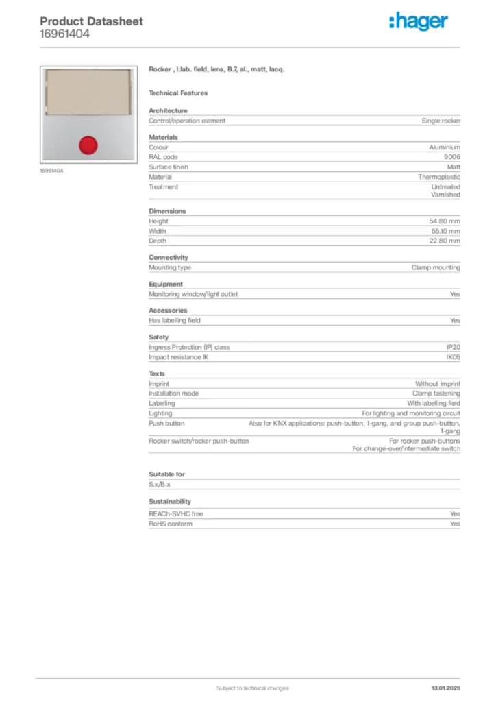 Image Hager Product data sheet 16961404  | Hager