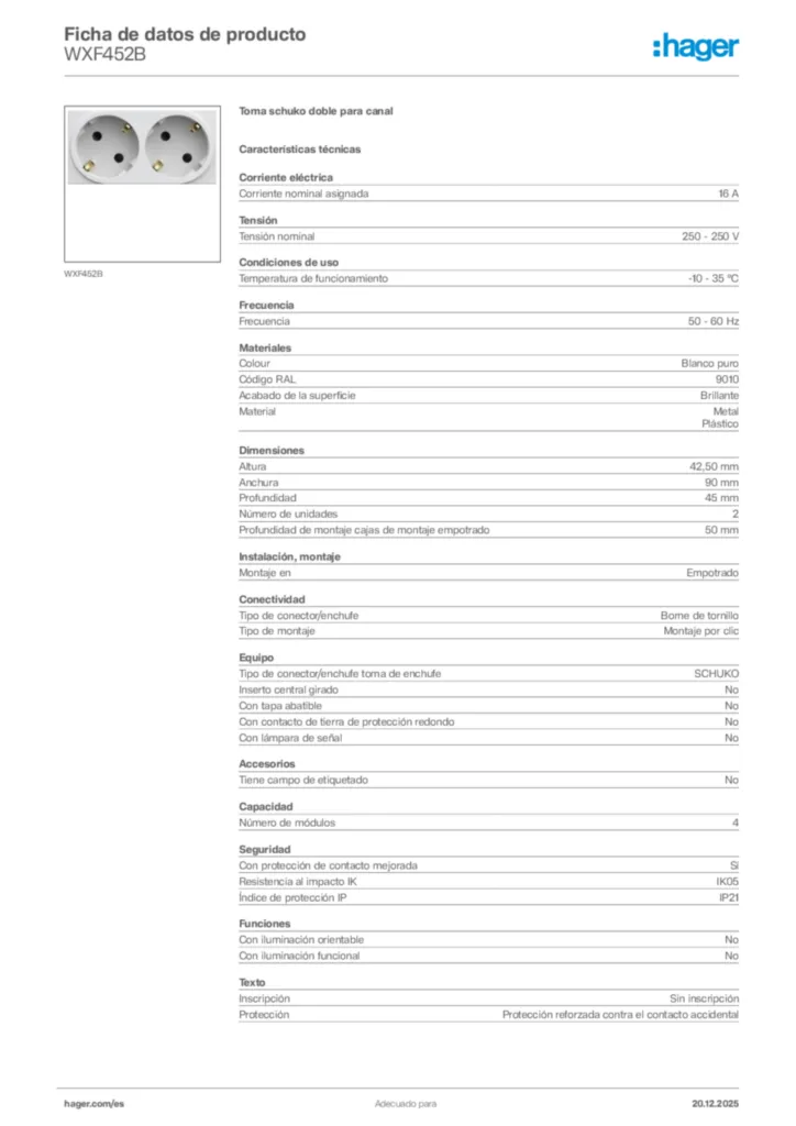 Imagen Hager Ficha de datos de producto WXF452B | Hager España