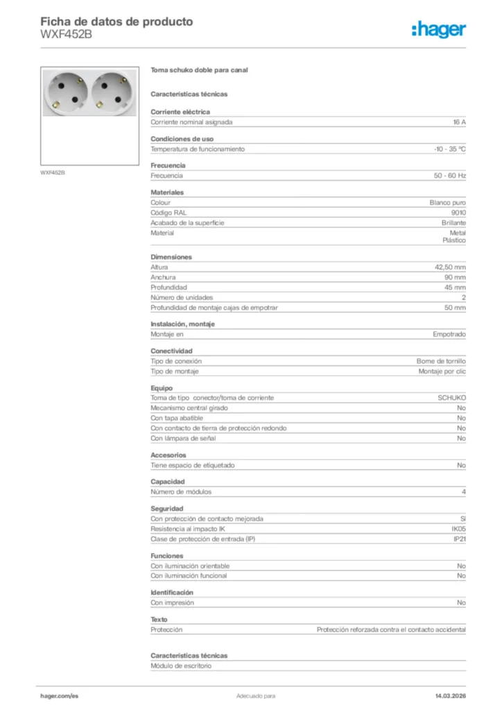Imagen Hager Ficha de datos de producto WXF452B | Hager España