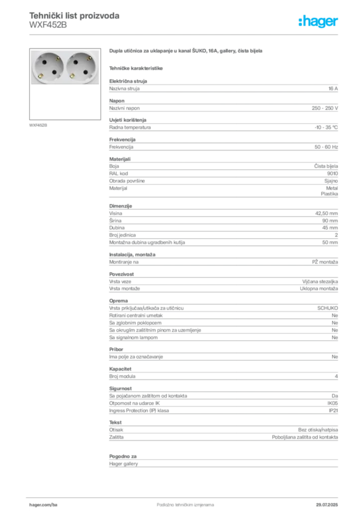 Slika Hager Product data sheet WXF452B  | Hager