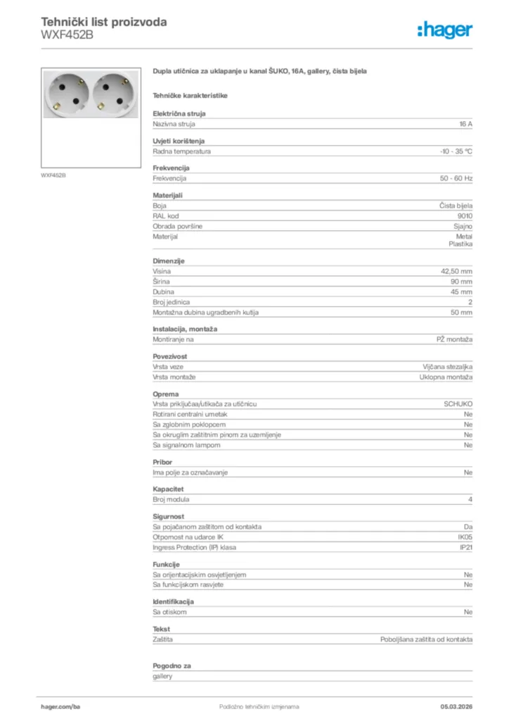 Slika Hager Tehnički list proizvoda WXF452B  | Hager