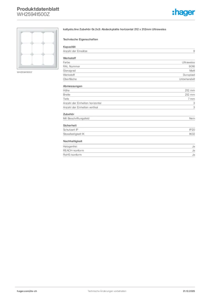 Bild Hager Produktdatenblatt WH25941500Z | Hager Schweiz