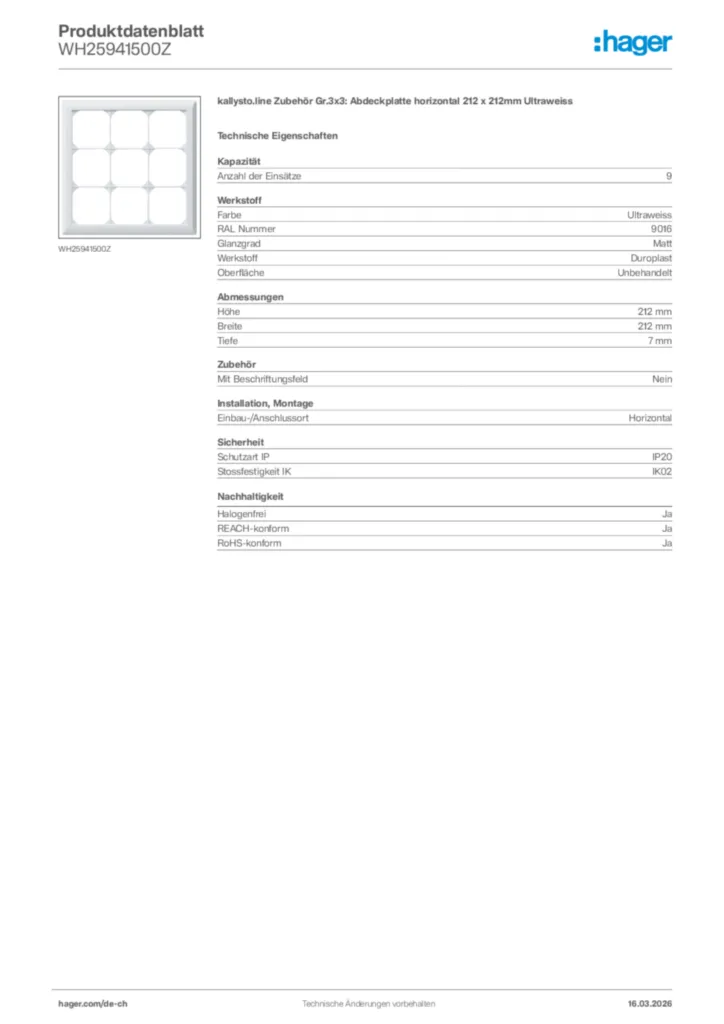 Bild Hager Produktdatenblatt WH25941500Z | Hager Schweiz
