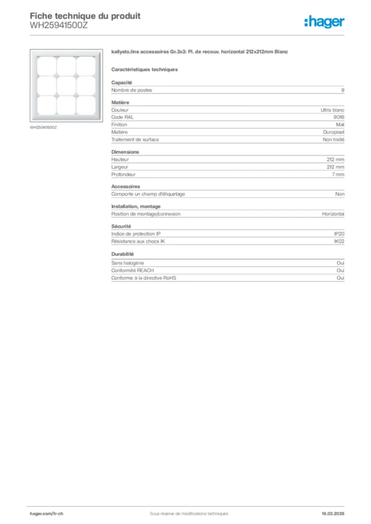 Image Hager Fiche technique du produit WH25941500Z | Hager Suisse