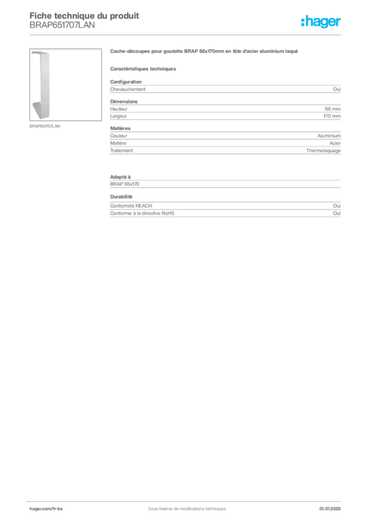 Image Hager Fiche technique du produit BRAP651707LAN | Hager Belgique