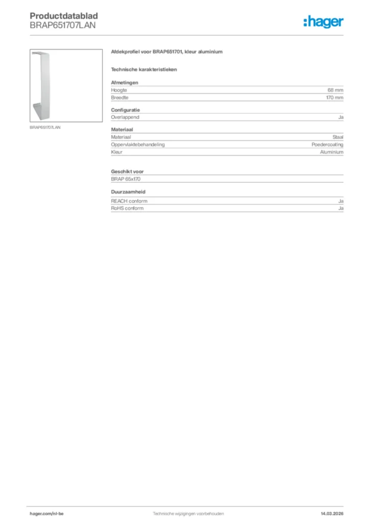 Afbeelding Hager Productdatablad BRAP651707LAN | Hager Belgium
