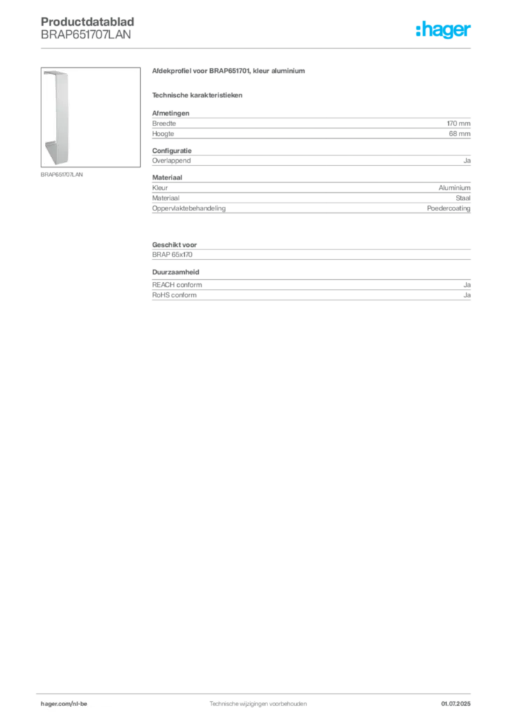 Afbeelding Hager Productdatablad BRAP651707LAN | Hager Belgium